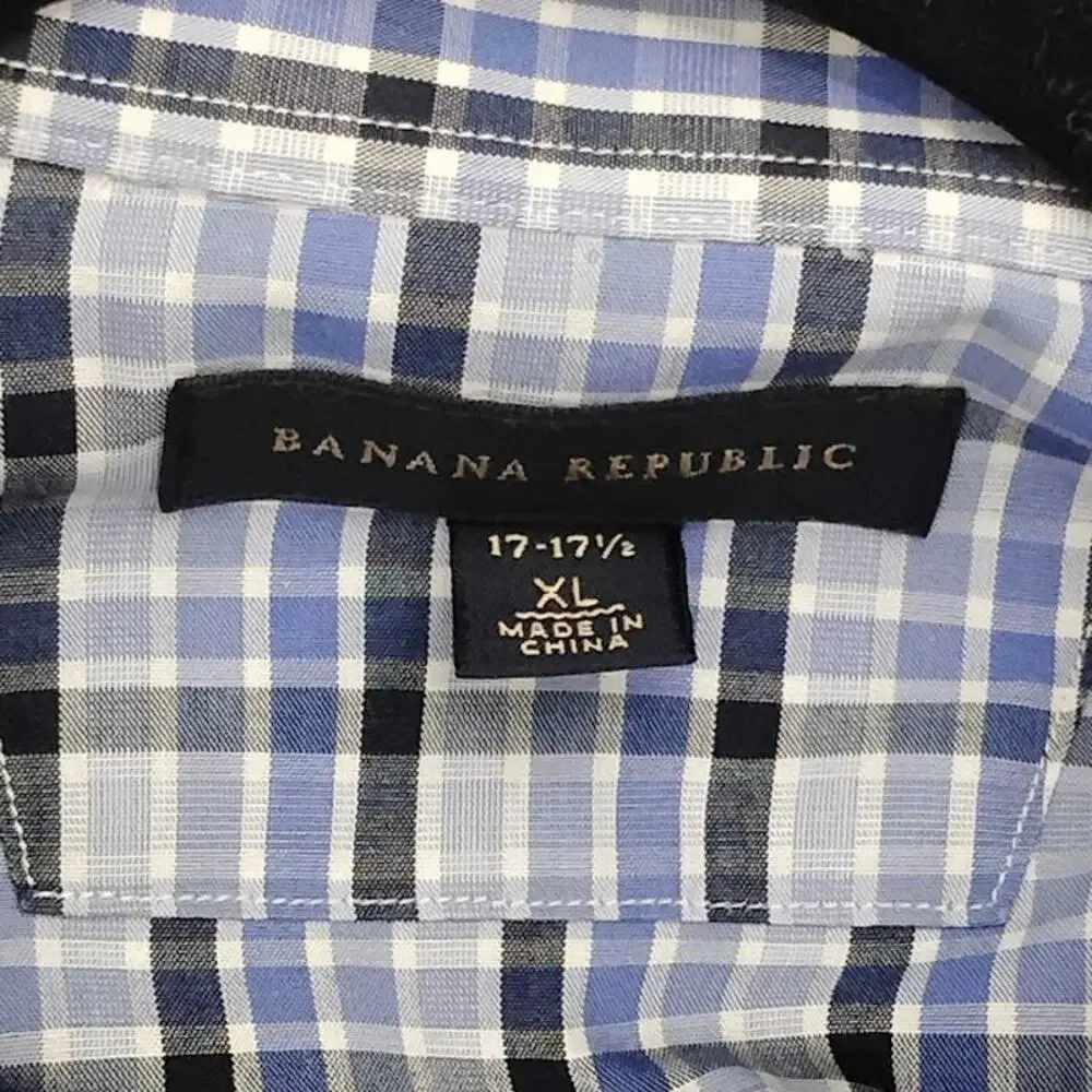 Banana Republic Plaid Dress Shirt Button Up Plaid Flap Pockets Blue White XL